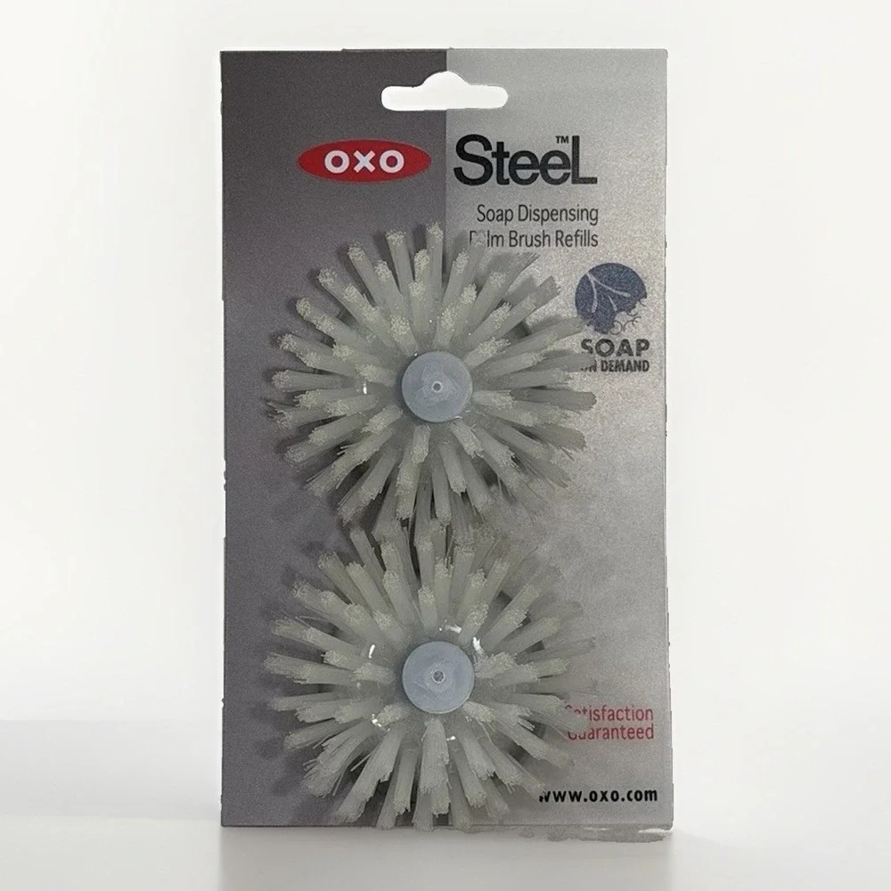 OXO Steel Soap Dispensing Palm Brush Refills, White/Gray Nylon Bristles, 2 Pack
